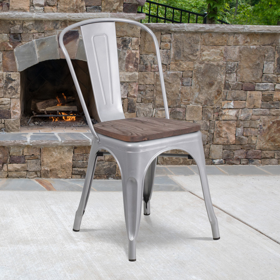 BLNK Perry Metal Stackable Chair with Wood Seat - Silver