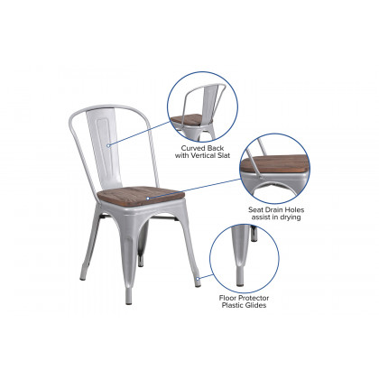 BLNK Perry Metal Stackable Chair with Wood Seat - Silver