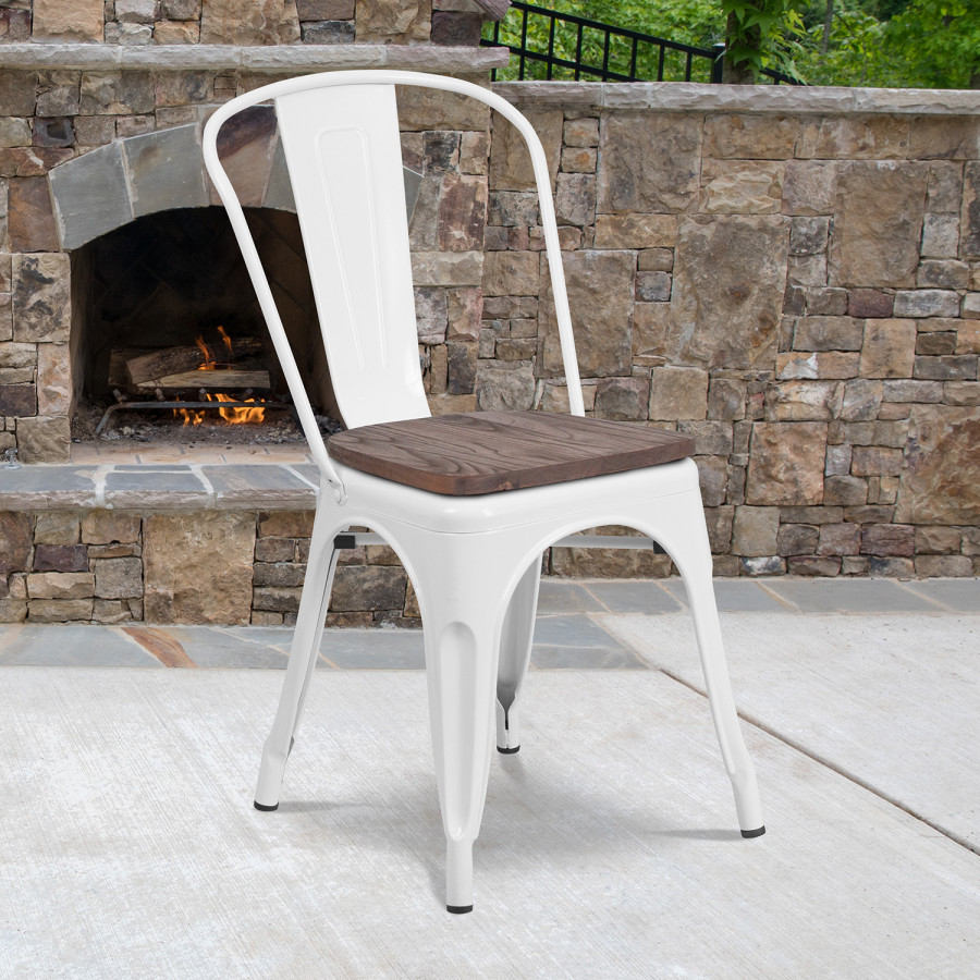 BLNK Perry Metal Stackable Chair with Wood Seat - White