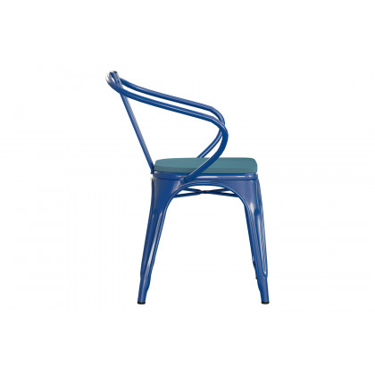 BLNK Luna Commercial Metal Indoor-Outdoor Chair with Arms with Teal-Blue Poly Resin Wood Seat