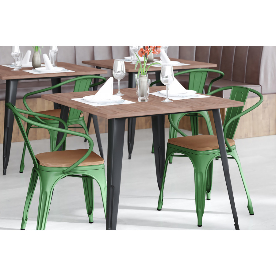 BLNK Luna Commercial Metal Indoor-Outdoor Chair with Arms with Teak Poly Resin Wood Seat - Green