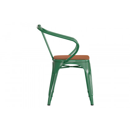 BLNK Luna Commercial Metal Indoor-Outdoor Chair with Arms with Teak Poly Resin Wood Seat - Green