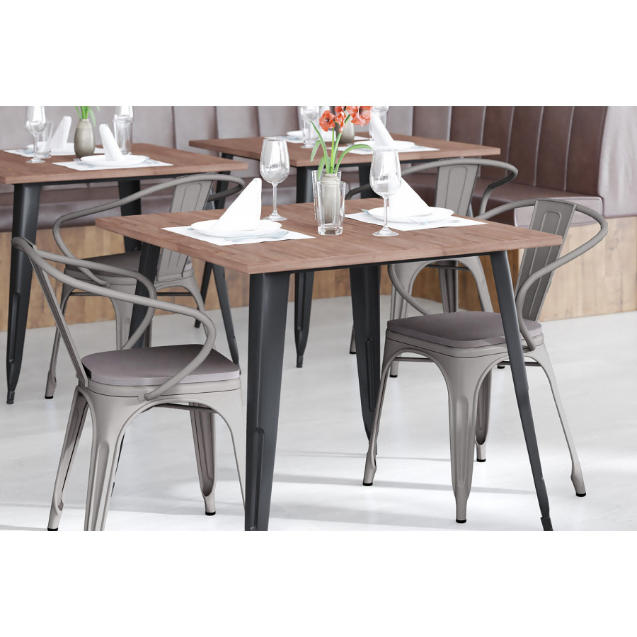 BLNK Luna Commercial Metal Indoor-Outdoor Chair with Arms with Gray Poly Resin Wood Seat - Silver