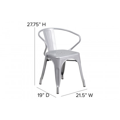 BLNK Luna Commercial Metal Indoor-Outdoor Chair with Arms with Gray Poly Resin Wood Seat - Silver