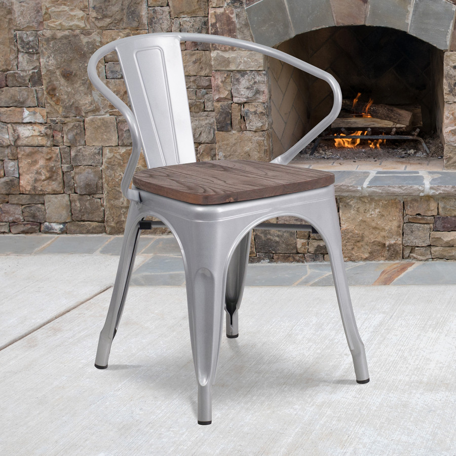 BLNK Luna Metal Chair with Wood Seat and Arms - Silver