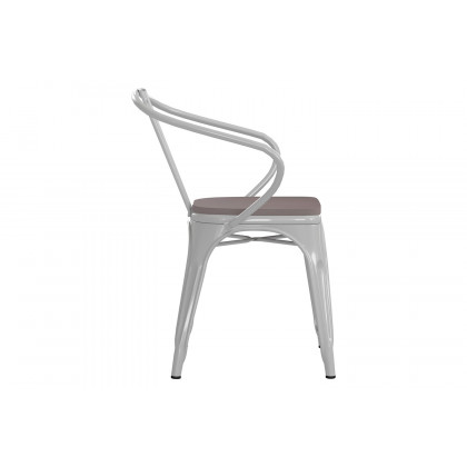 BLNK Luna Commercial Metal Indoor-Outdoor Chair with Arms with Gray Poly Resin Wood Seat - White