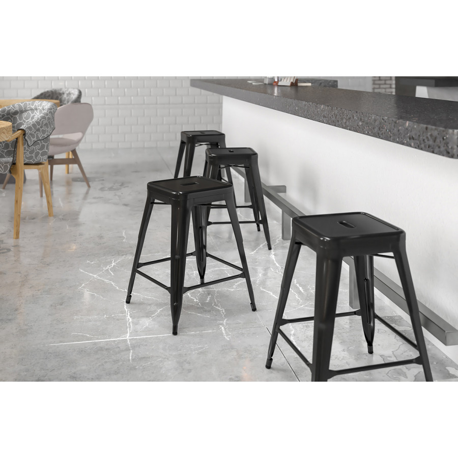 BLNK - Kai Commercial Metal Backless Indoor-Outdoor Counter Height Stool with Square Seat