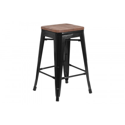BLNK Lily Metal Backless Counter Height Stool with Square Wood Seat - Black