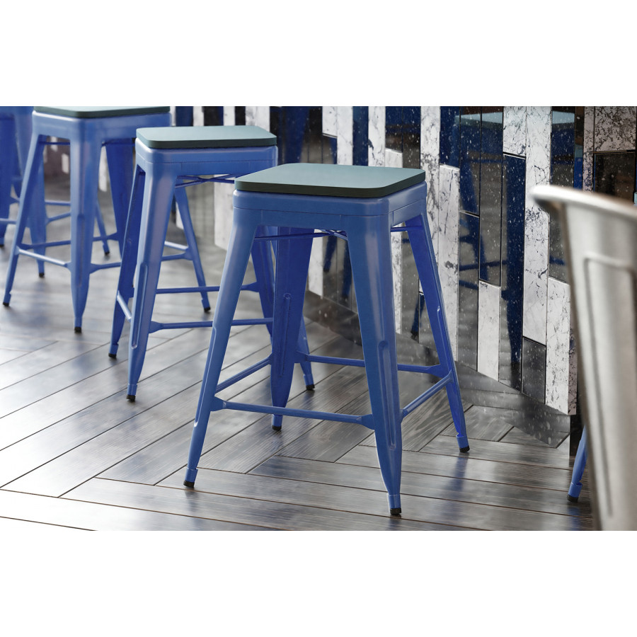 BLNK Kai Commercial Metal Backless Indoor-Outdoor Counter Height Stool with Poly Resin Wood Seat - Blue/Teal Blue