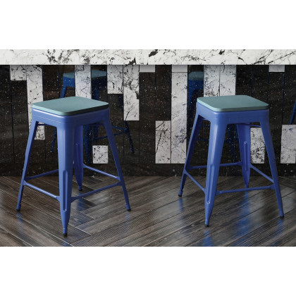 BLNK Kai Commercial Metal Backless Indoor-Outdoor Counter Height Stool with Poly Resin Wood Seat - Blue/Teal Blue