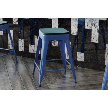 BLNK Kai Commercial Metal Backless Indoor-Outdoor Counter Height Stool with Poly Resin Wood Seat - Blue/Teal Blue