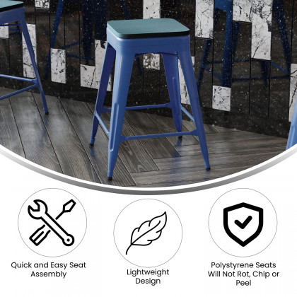 BLNK Kai Commercial Metal Backless Indoor-Outdoor Counter Height Stool with Poly Resin Wood Seat - Blue/Teal Blue