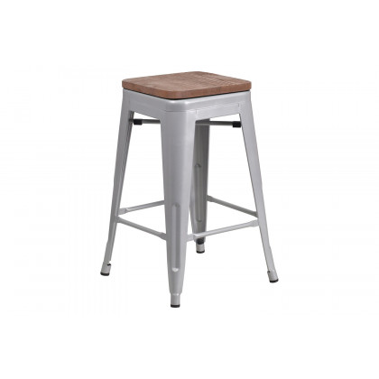 BLNK Lily Metal Backless Counter Height Stool with Square Wood Seat - Silver