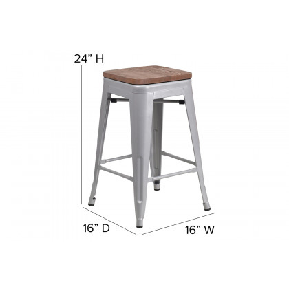 BLNK Lily Metal Backless Counter Height Stool with Square Wood Seat - Silver
