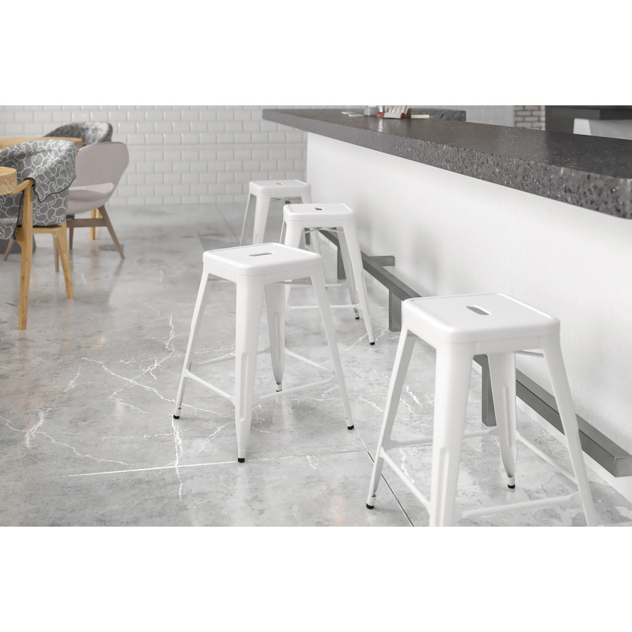 BLNK Kai Commercial Metal Backless Indoor-Outdoor Counter Height Stool with Square Seat - White