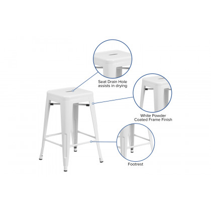 BLNK Kai Commercial Metal Backless Indoor-Outdoor Counter Height Stool with Square Seat - White