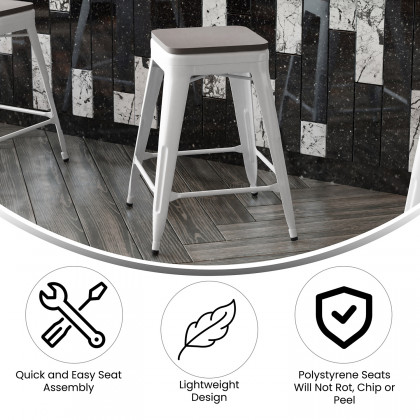 BLNK Kai Commercial Metal Backless Indoor-Outdoor Counter Height Stool with Poly Resin Wood Seat - White/Gray