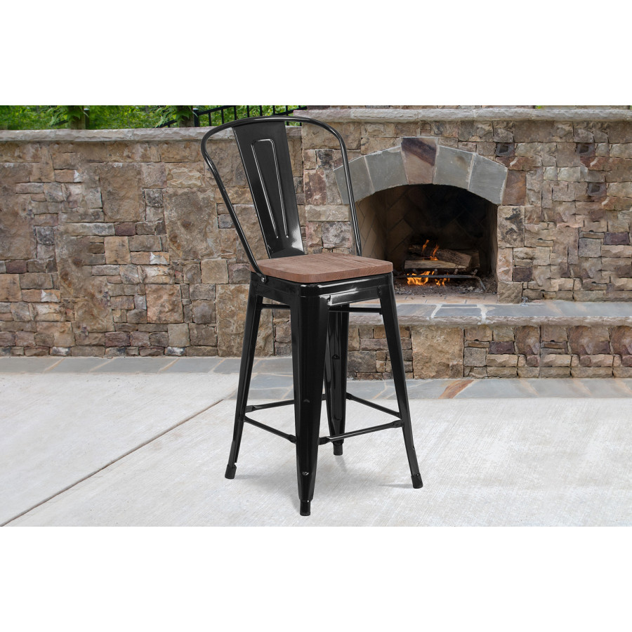 BLNK Lily Metal Counter Height Stool with Back and Wood Seat - Black