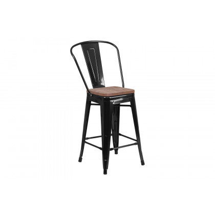 BLNK Lily Metal Counter Height Stool with Back and Wood Seat - Black