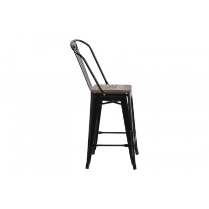 BLNK Lily Metal Counter Height Stool with Back and Wood Seat - Black