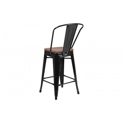 BLNK Lily Metal Counter Height Stool with Back and Wood Seat - Black