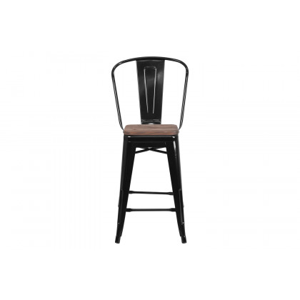 BLNK Lily Metal Counter Height Stool with Back and Wood Seat - Black
