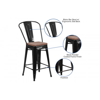 BLNK Lily Metal Counter Height Stool with Back and Wood Seat - Black
