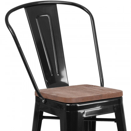 BLNK Lily Metal Counter Height Stool with Back and Wood Seat - Black