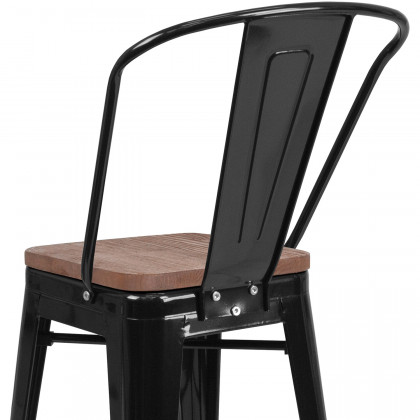 BLNK Lily Metal Counter Height Stool with Back and Wood Seat - Black