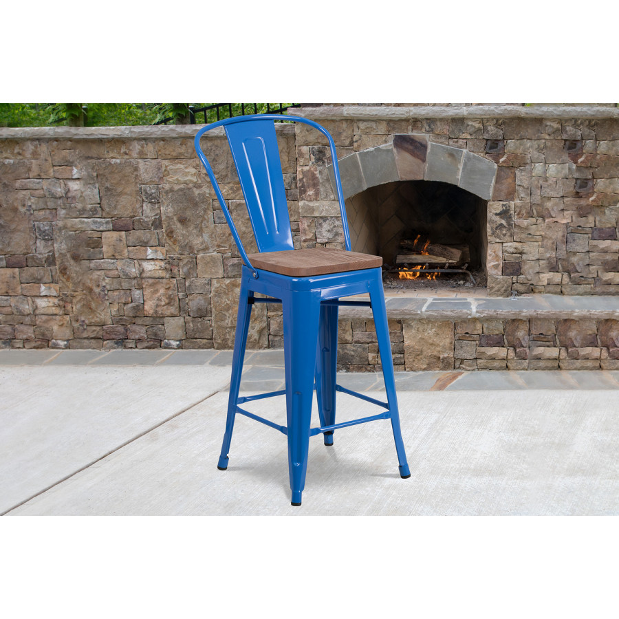 BLNK Lily Metal Counter Height Stool with Back and Wood Seat - Blue