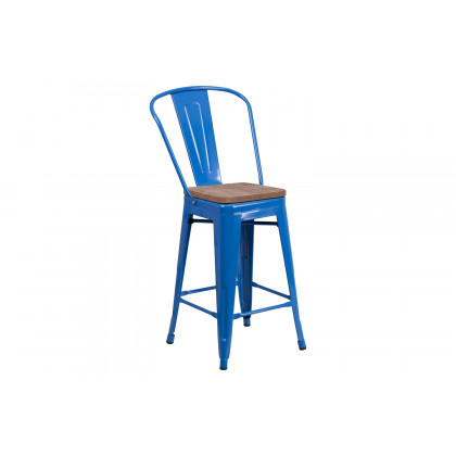 BLNK Lily Metal Counter Height Stool with Back and Wood Seat - Blue
