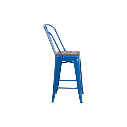 BLNK Lily Metal Counter Height Stool with Back and Wood Seat - Blue