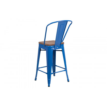 BLNK Lily Metal Counter Height Stool with Back and Wood Seat - Blue