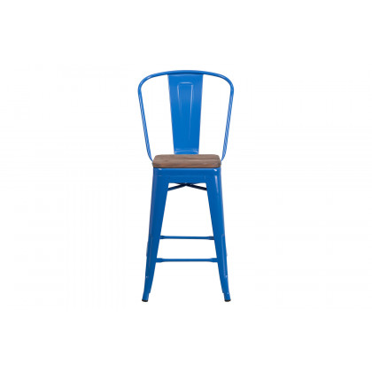 BLNK Lily Metal Counter Height Stool with Back and Wood Seat - Blue