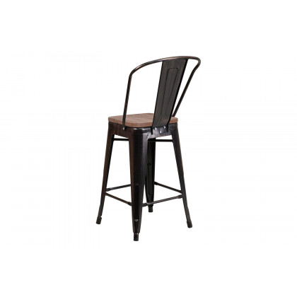 BLNK Lily Metal Counter Height Stool with Back and Wood Seat - Black/Antique Gold