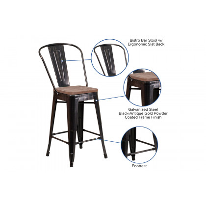 BLNK Lily Metal Counter Height Stool with Back and Wood Seat - Black/Antique Gold