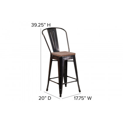 BLNK Lily Metal Counter Height Stool with Back and Wood Seat - Black/Antique Gold