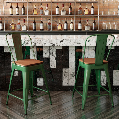 BLNK Kai Commercial Metal Indoor-Outdoor Counter Height Stool with Removable Back and All-Weather Poly Resin Seat - Green/Teak