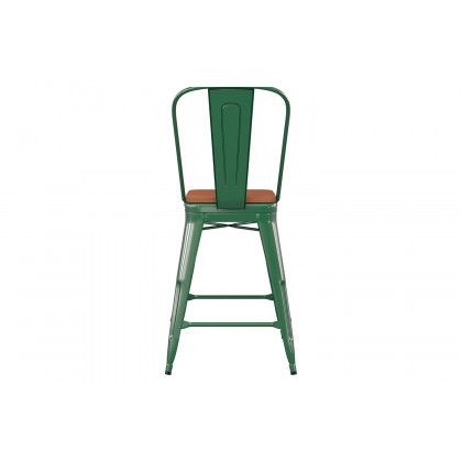 BLNK Kai Commercial Metal Indoor-Outdoor Counter Height Stool with Removable Back and All-Weather Poly Resin Seat - Green/Teak