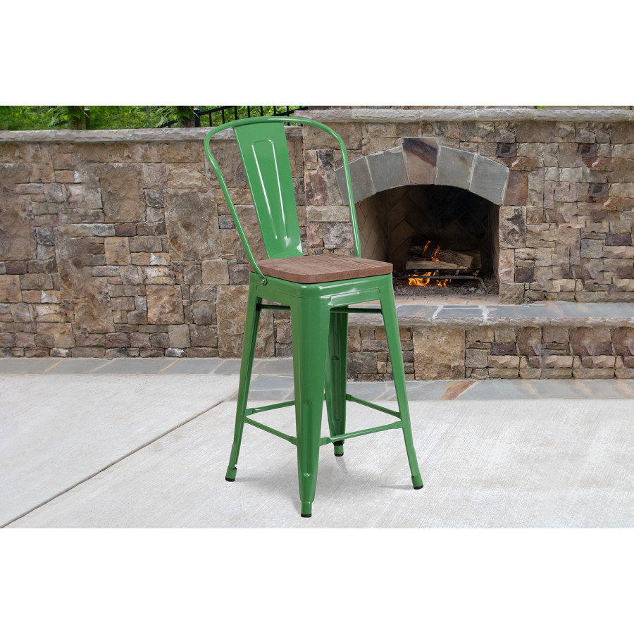 BLNK Lily Metal Counter Height Stool with Back and Wood Seat - Green