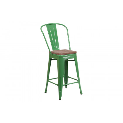 BLNK Lily Metal Counter Height Stool with Back and Wood Seat - Green