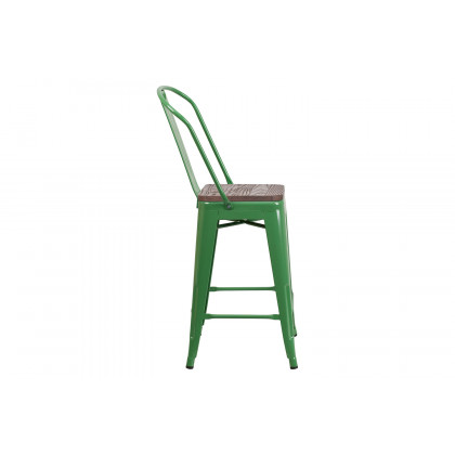 BLNK Lily Metal Counter Height Stool with Back and Wood Seat - Green