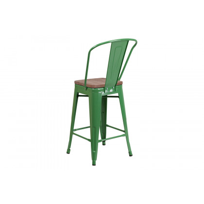 BLNK Lily Metal Counter Height Stool with Back and Wood Seat - Green