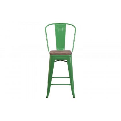 BLNK Lily Metal Counter Height Stool with Back and Wood Seat - Green
