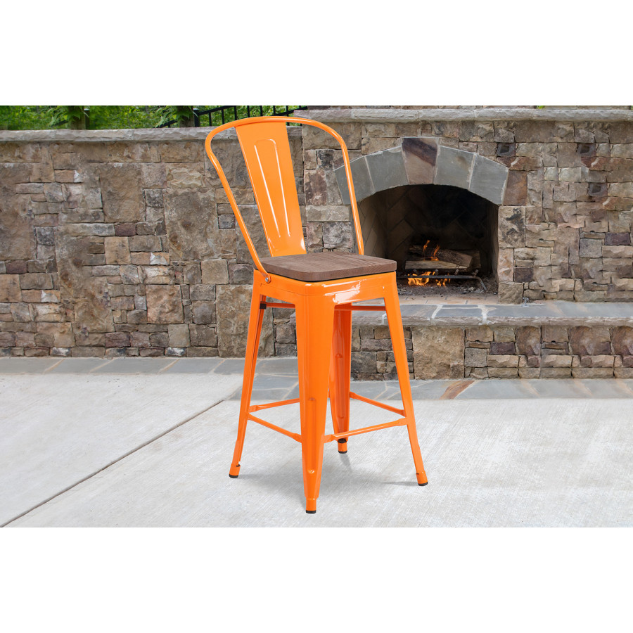 BLNK Lily Metal Counter Height Stool with Back and Wood Seat - Orange