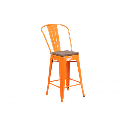 BLNK Lily Metal Counter Height Stool with Back and Wood Seat - Orange
