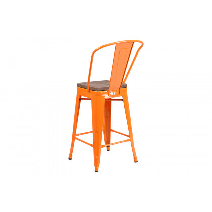 BLNK Lily Metal Counter Height Stool with Back and Wood Seat - Orange