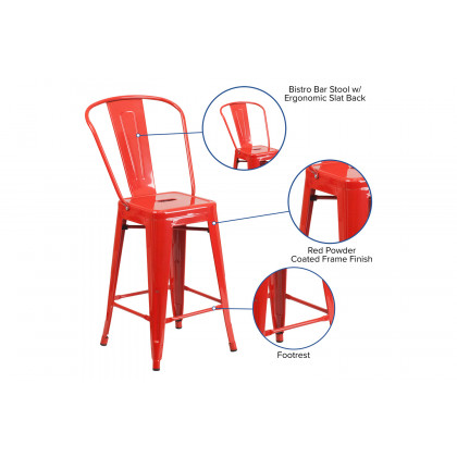 BLNK Kai Commercial Metal Indoor-Outdoor Counter Height Stool with Removable Back - Red