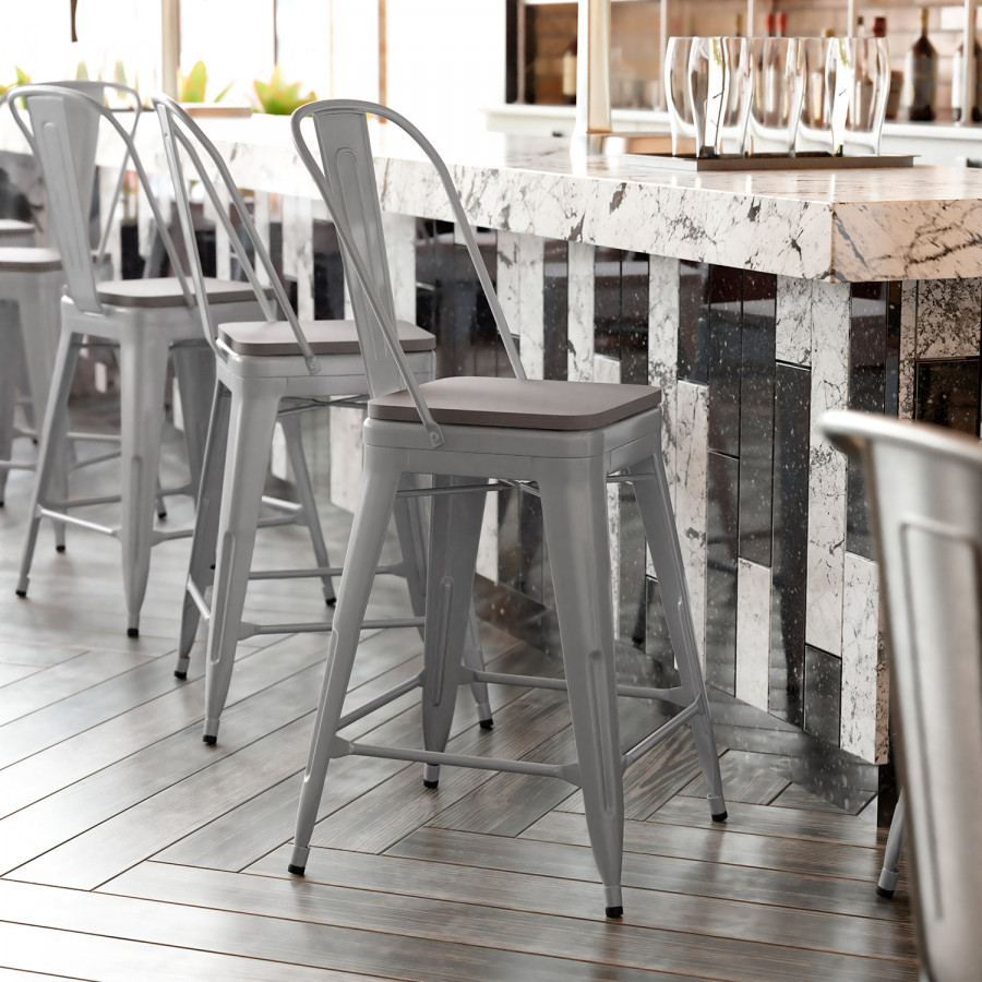 BLNK Kai Commercial Metal Indoor-Outdoor Counter Height Stool with Removable Back and All-Weather Poly Resin Seat - Silver/Gray