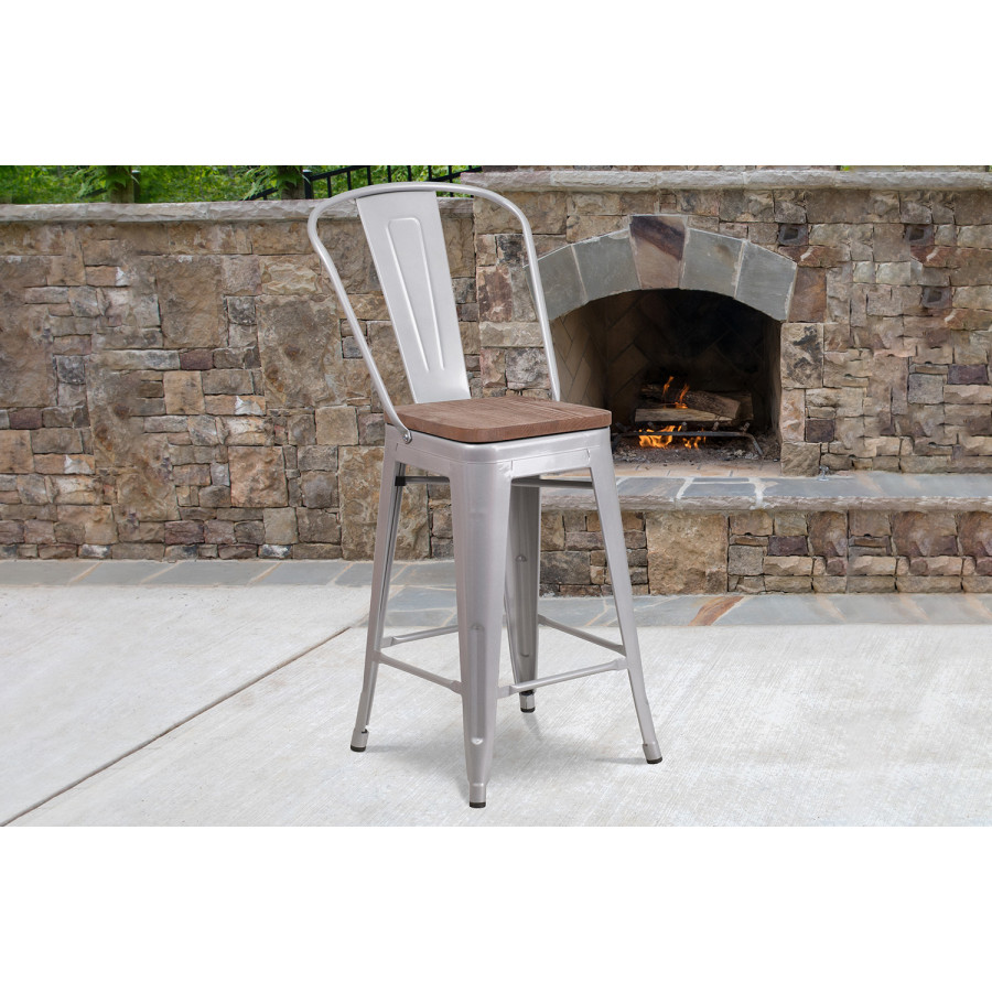 BLNK Lily Metal Counter Height Stool with Back and Wood Seat - Silver